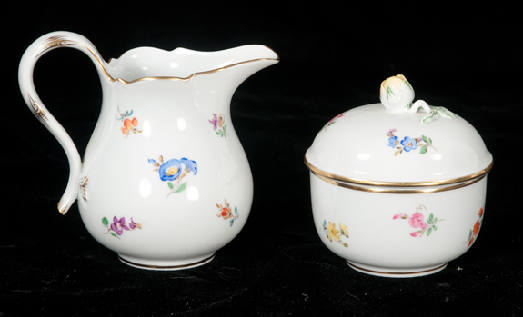 Meissen Porcelain Teapot, Matching Cream & Covered Sugar Bowl