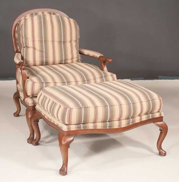 Queen Anne Style Mahogany Library Chair and Matching Ottoman