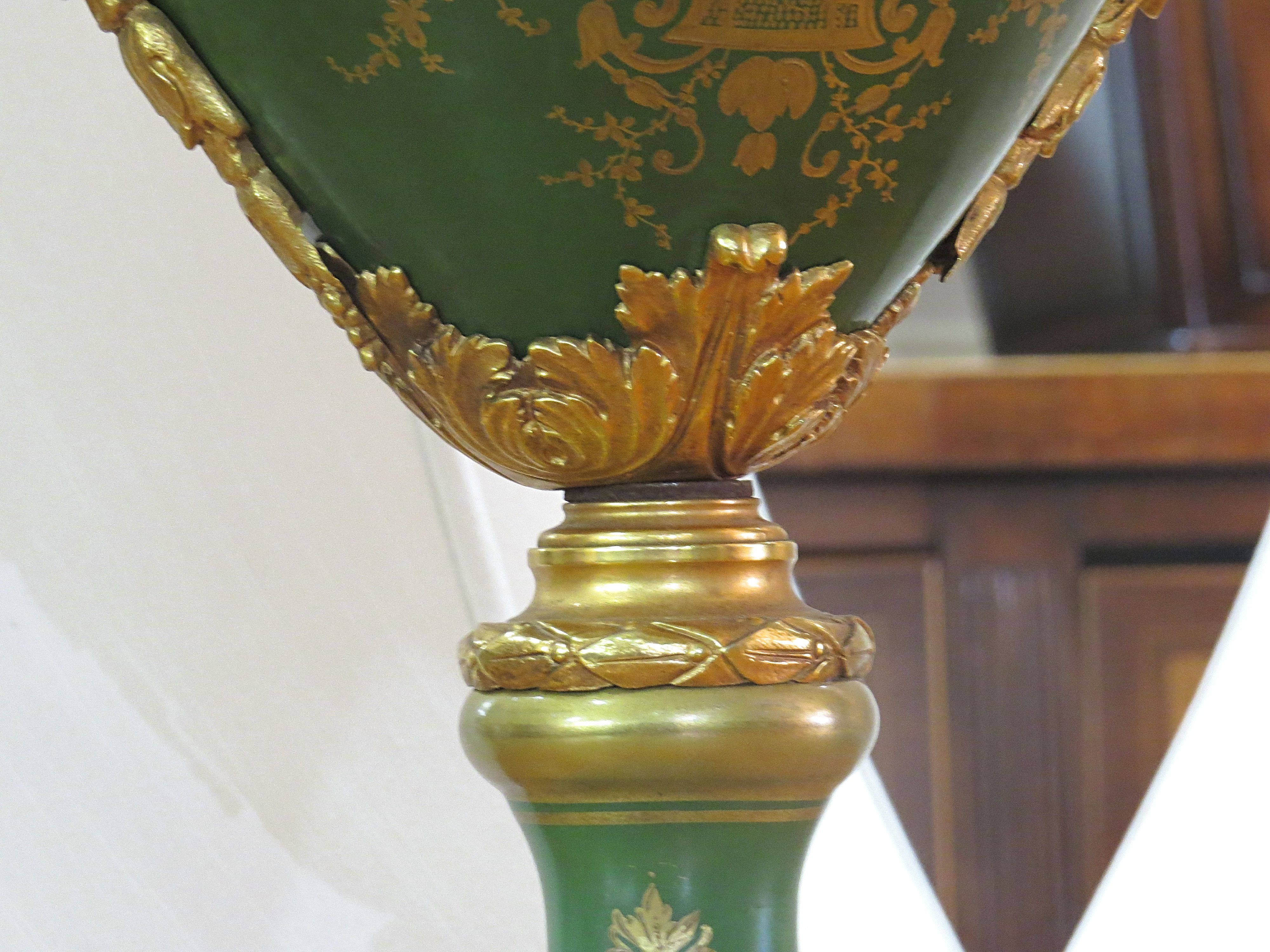 Pair Of Bronze Mounted Sevres Porcelain Urns Adapted As Lamps.