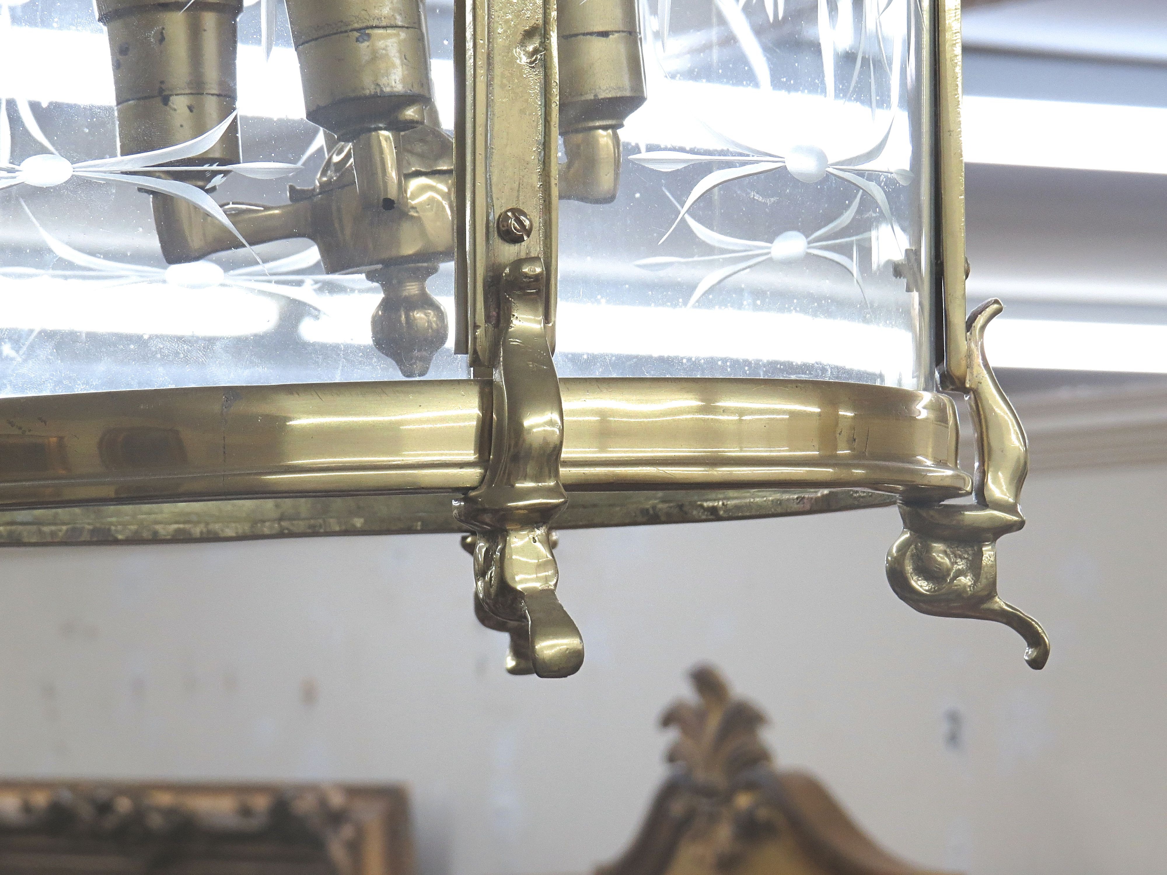 English Brass & Etched Glass 4 Light Hall Lantern