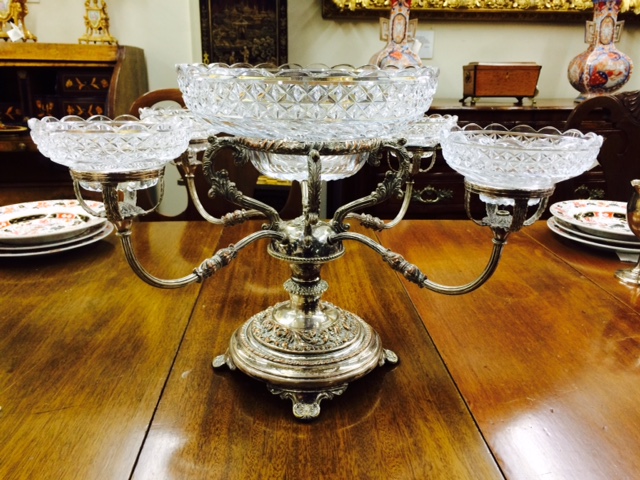 Sheffield Silver Plated Epergne with Four Crystal Bowls