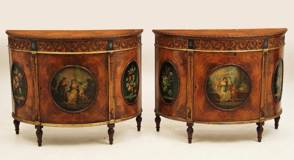 Important Pair of Adam Style Decorated Satinwood Demilune Commodes