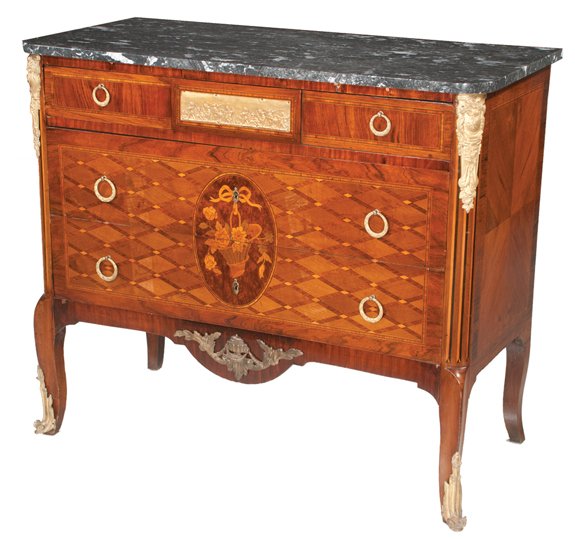 Louis XV Bronze Mounted Marble Top Walnut Commode