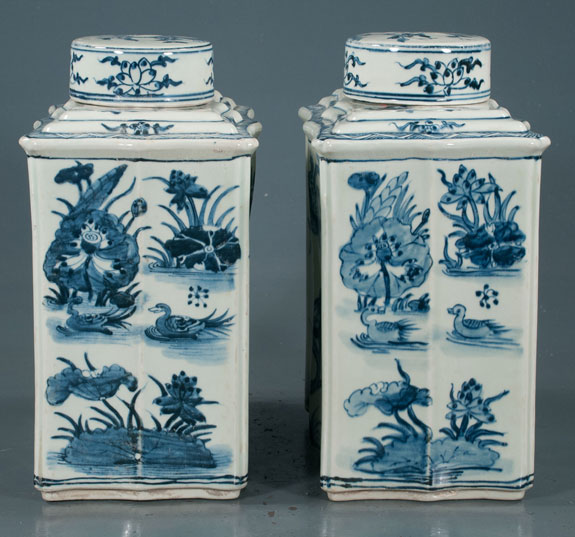 Pair of blue and white Chinese porcelain tea canister jars  (SOLD)