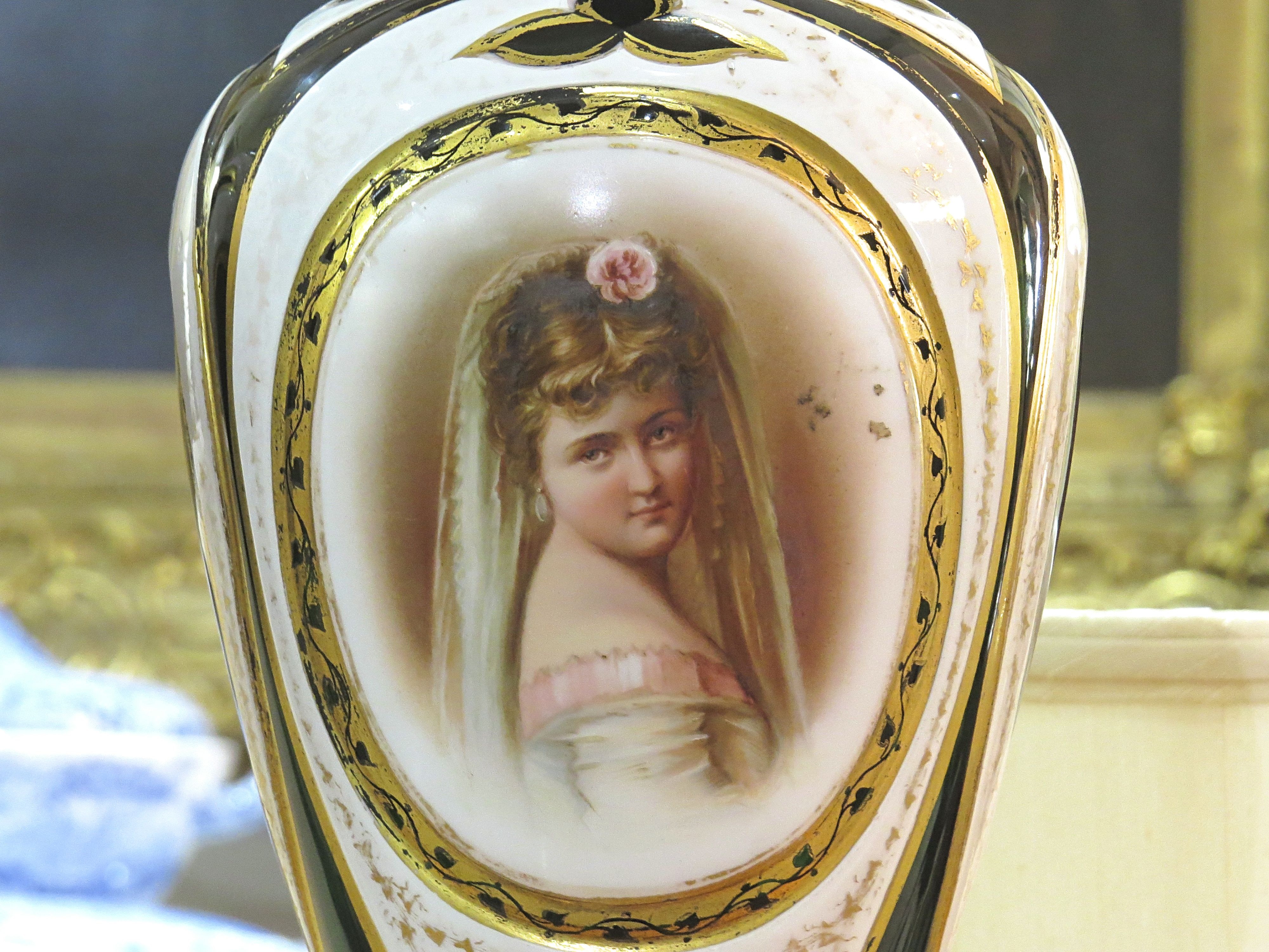 Pair of Spanish Porcelain Lamps with Female Portraits