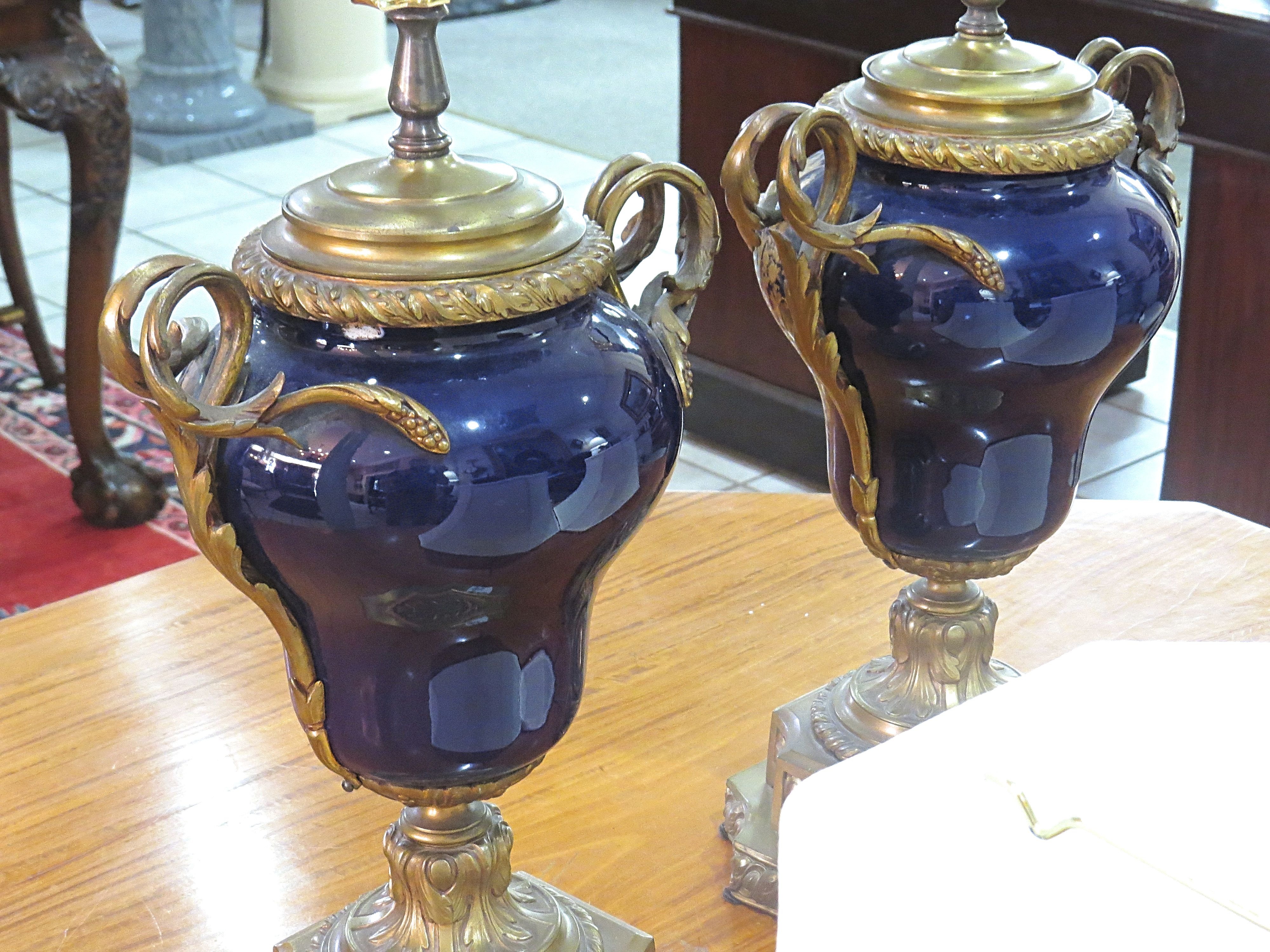 Pair of Cobalt Ground Sevres Style Porcelain Urn Lamps