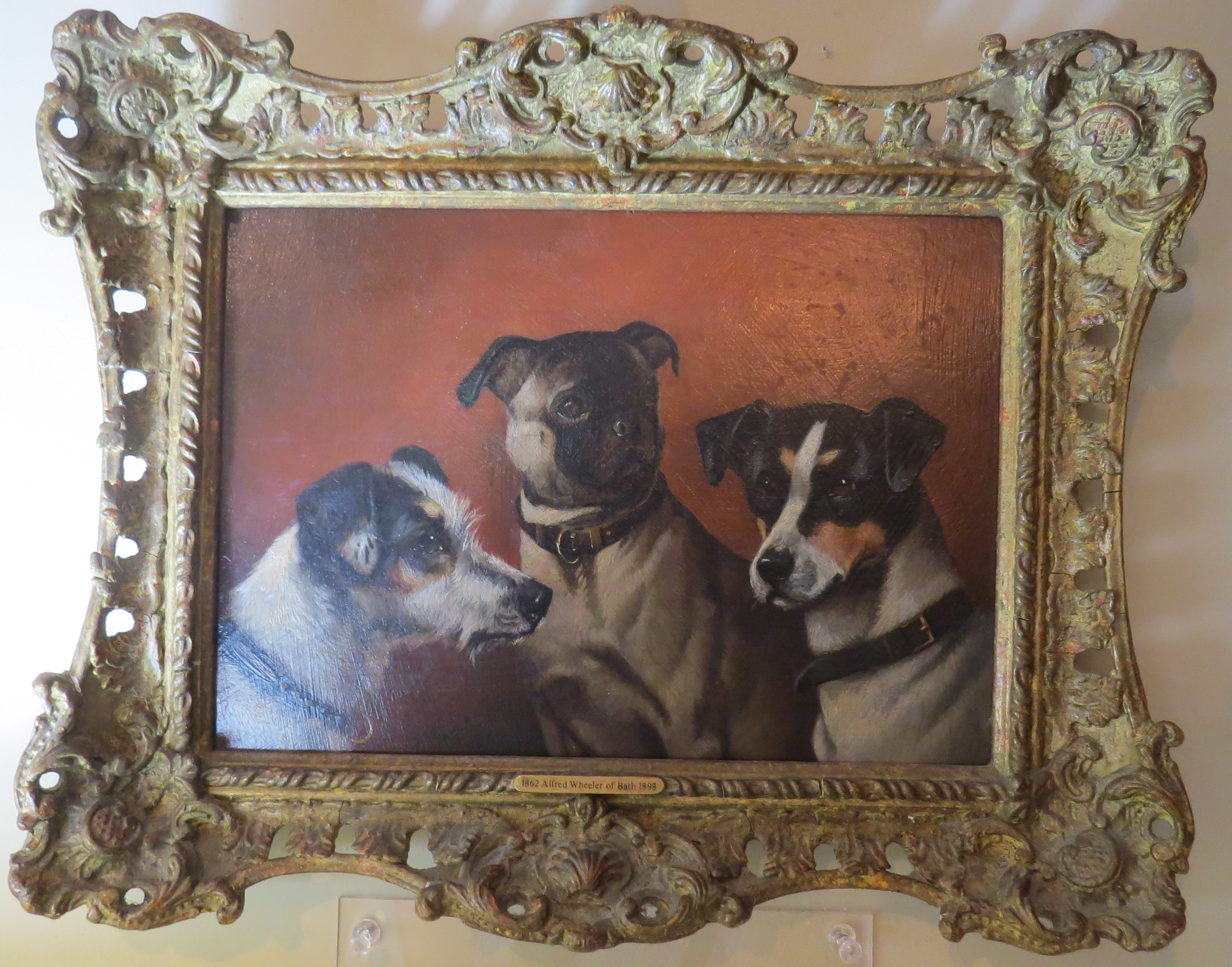 Oil on Board, “Head Studies of Two Terriers & A Pug”  by Alfred Wheeler