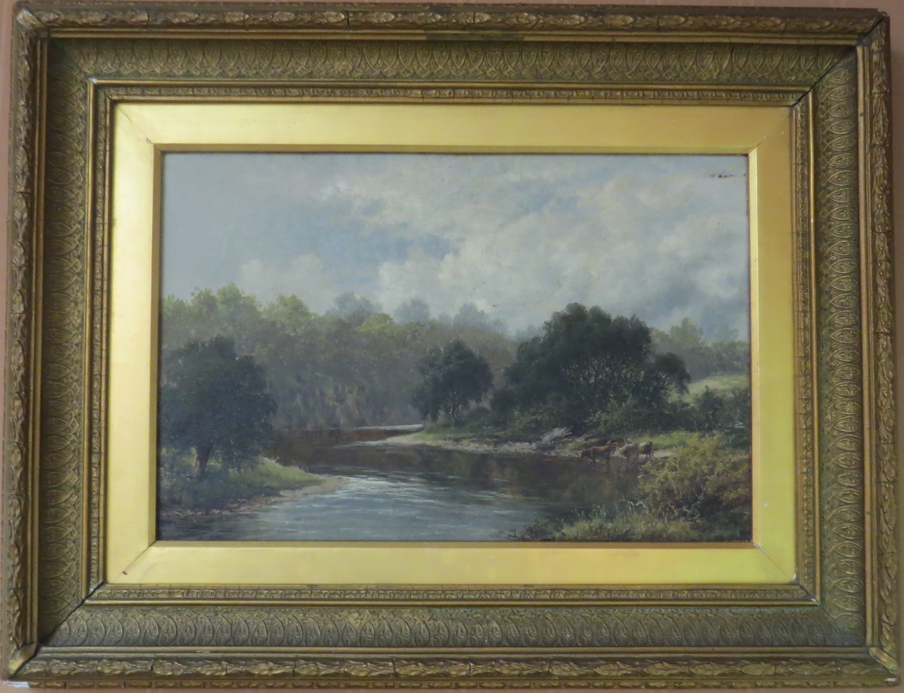 Oil on Canvas of an English Landscape with River & Cattle, Signed W.H. Mander