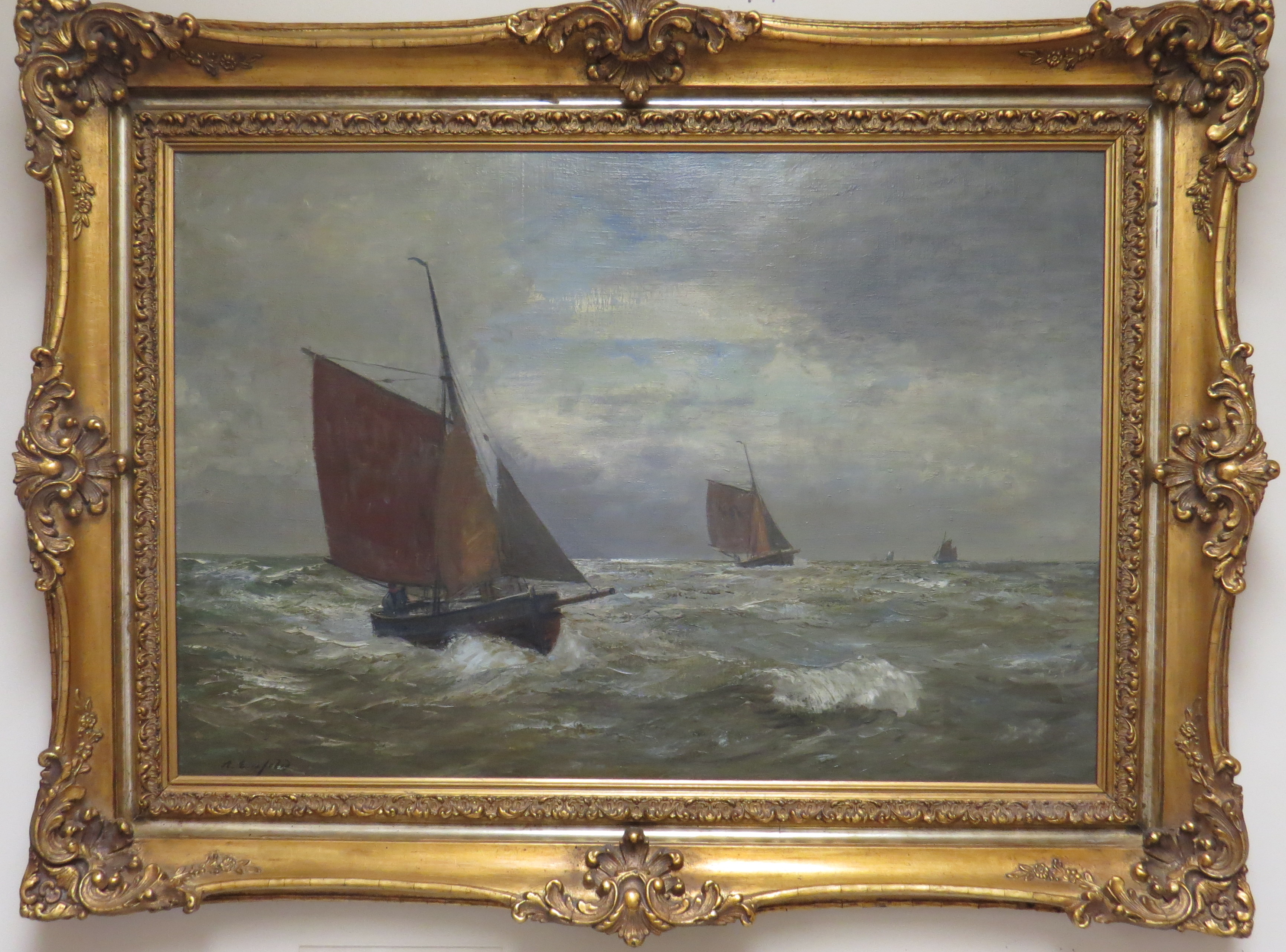 Oil on Canvas of “Sailboats on Rough Waters” signed Alexander Essfeld (German, 1879-1939)