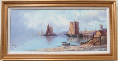 Watercolor of a Dutch Harbor Scene with Village and Dock, Signed J. Keing