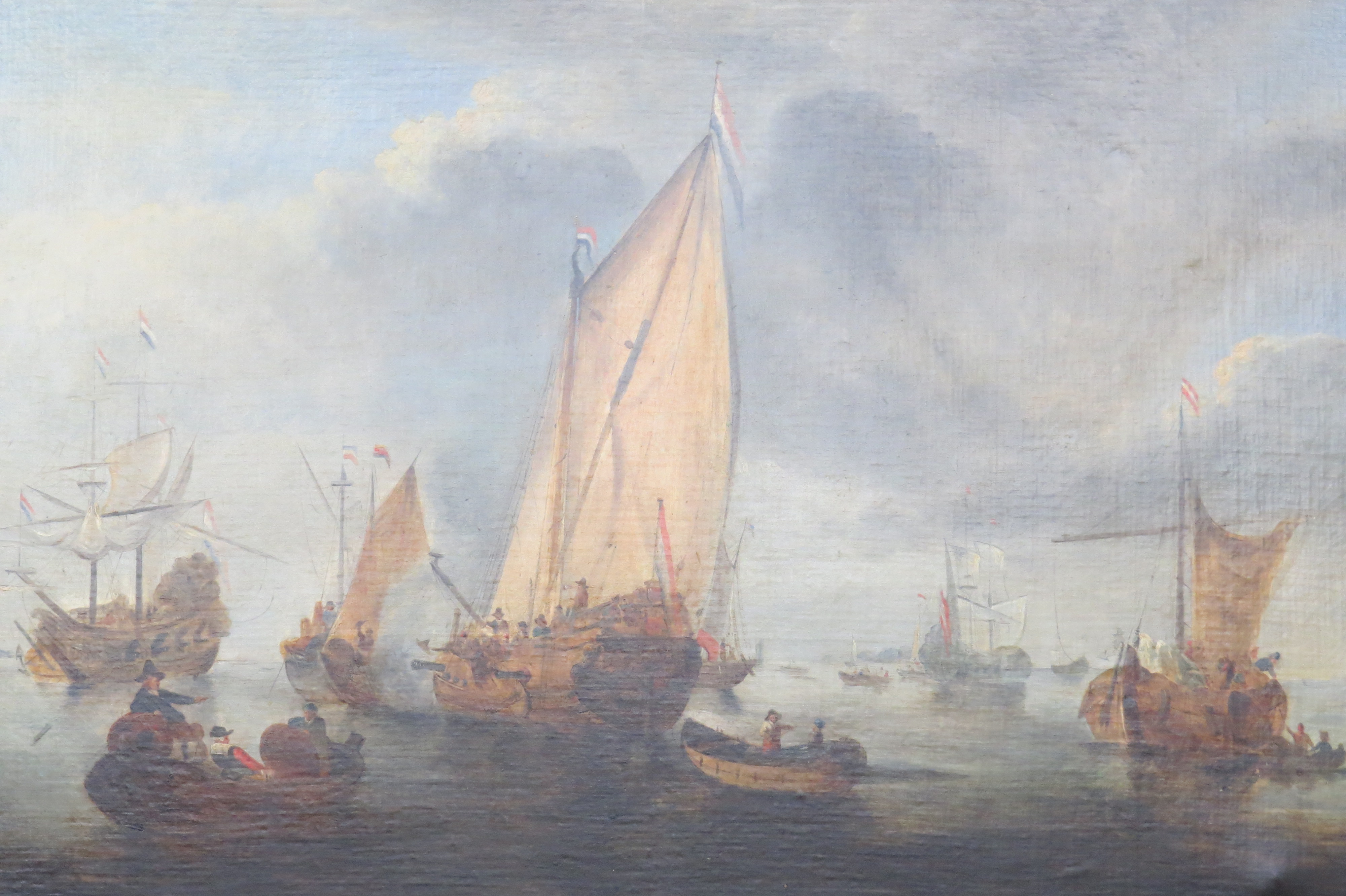 Oil on Canvas of a Nautical Scene with Dutch Ships Preparing for Battle