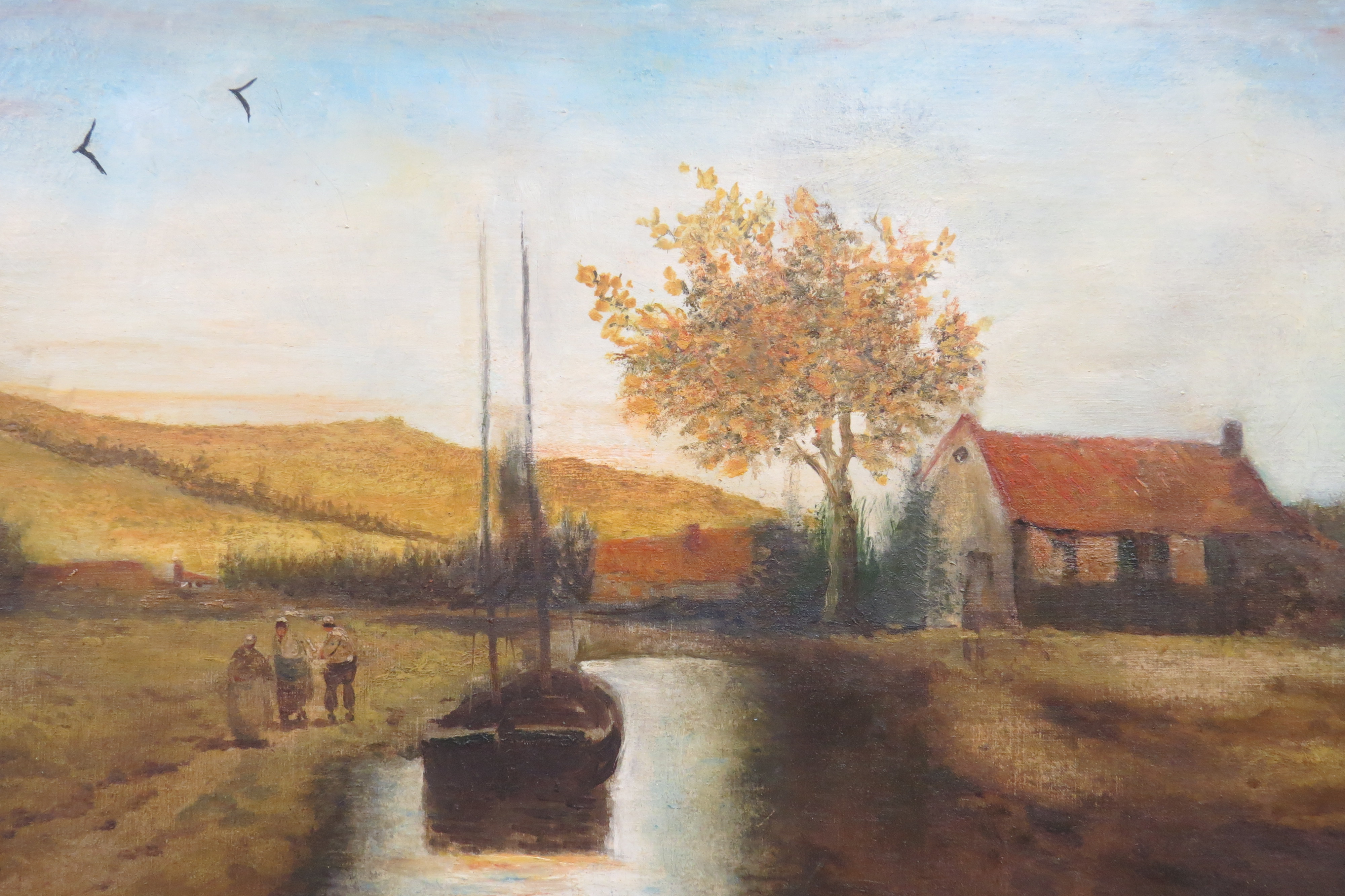 Oil on Canvas of a Boat and House on a Canal, Signed H. Hall