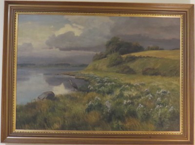Oil on Canvas of a Landscape Scene with a Heron by a Lake