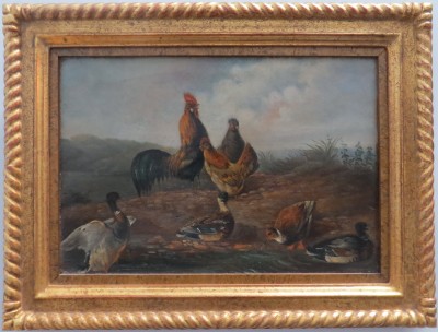Oil on Canvas with Ducks, Roosters and Chickens