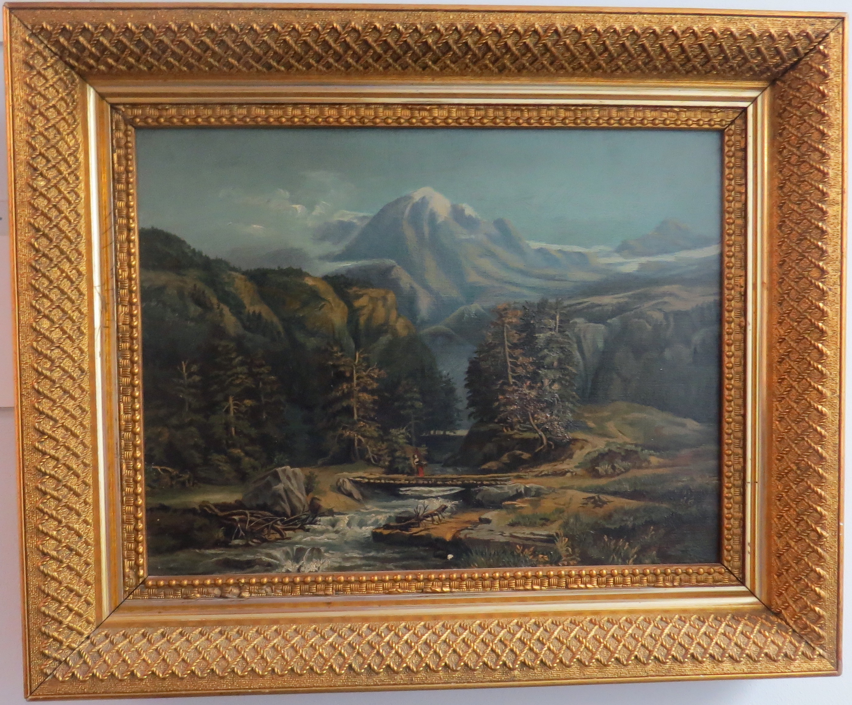 Oil on Canvas of an Alpine Landscape with a River and Bridge
