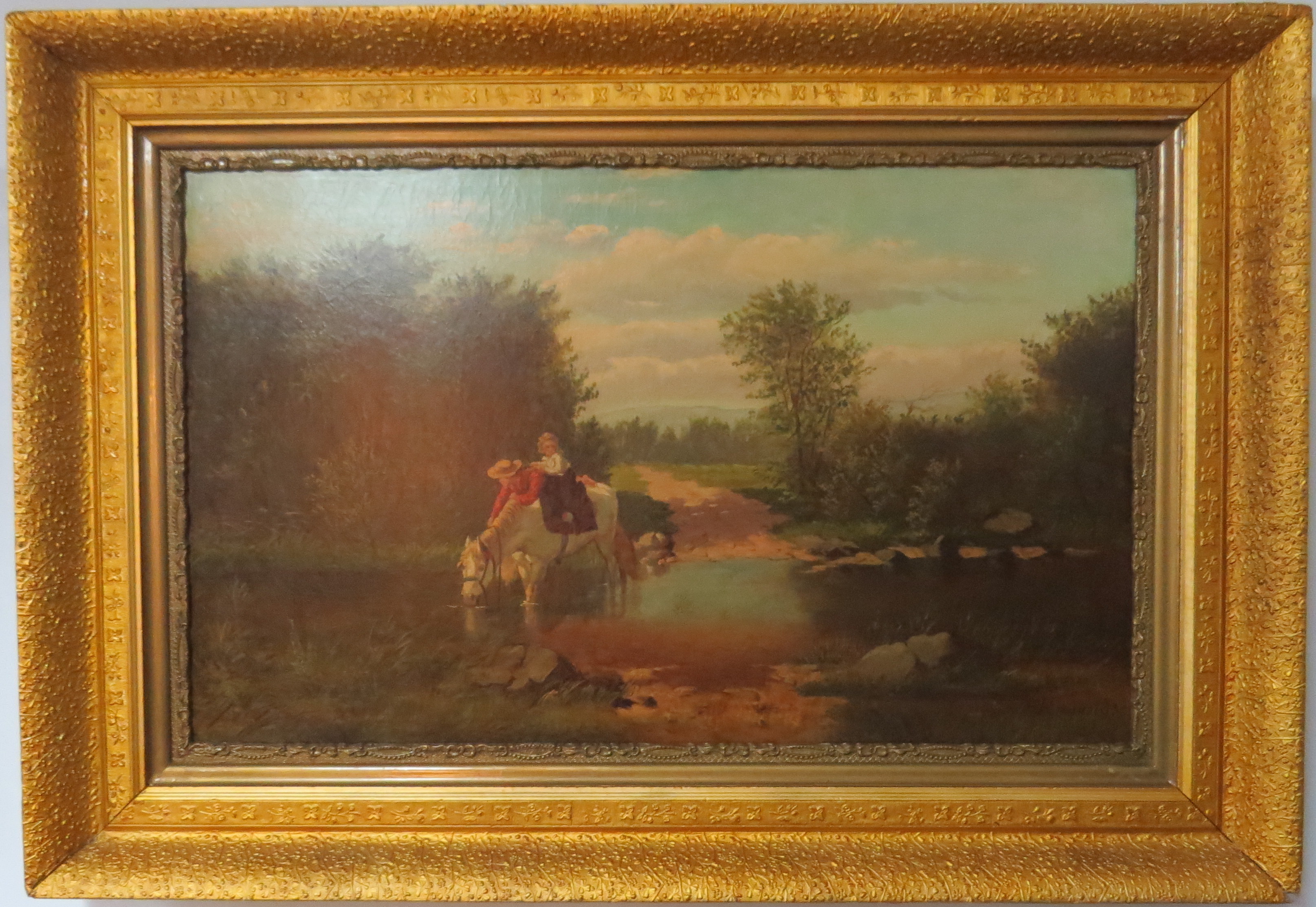 Oil on Canvas of “Crossing the Stream” by Frederick George Reynolds (British, 1828-1921)