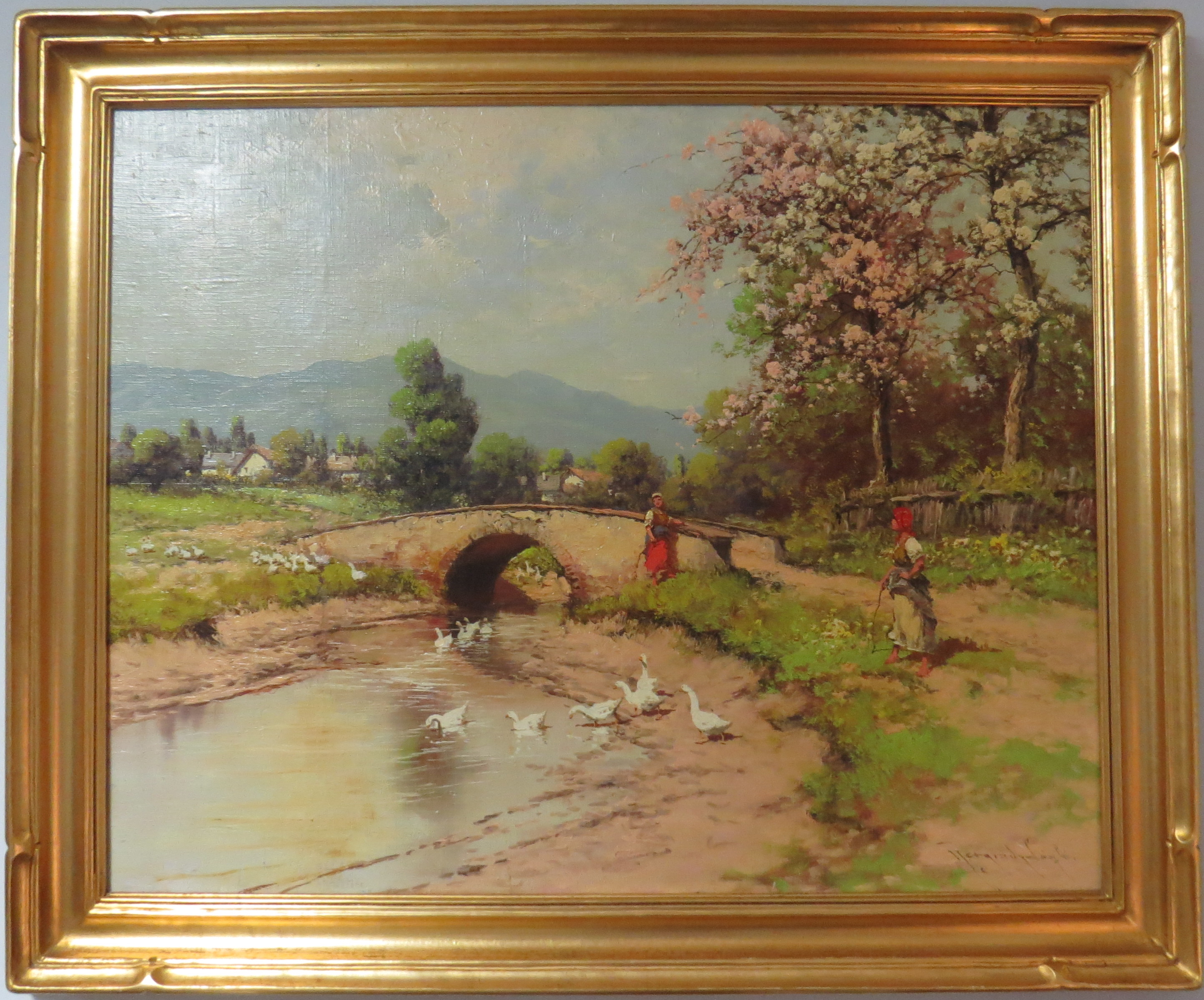 Oil on Canvas of “Mountainous Landscape with Women Feeding Ducks, Signed Laszlo Neogrady (Hungarian)