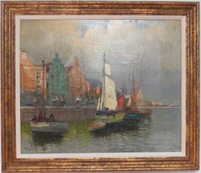 Oil On Panel of a Harbor Scene
