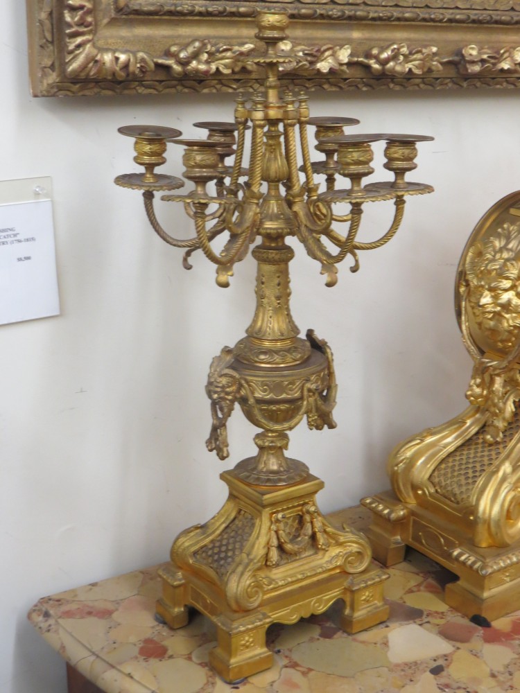 French Ormolu Mantle Clock and a Pair of 7-Light Candelabras
