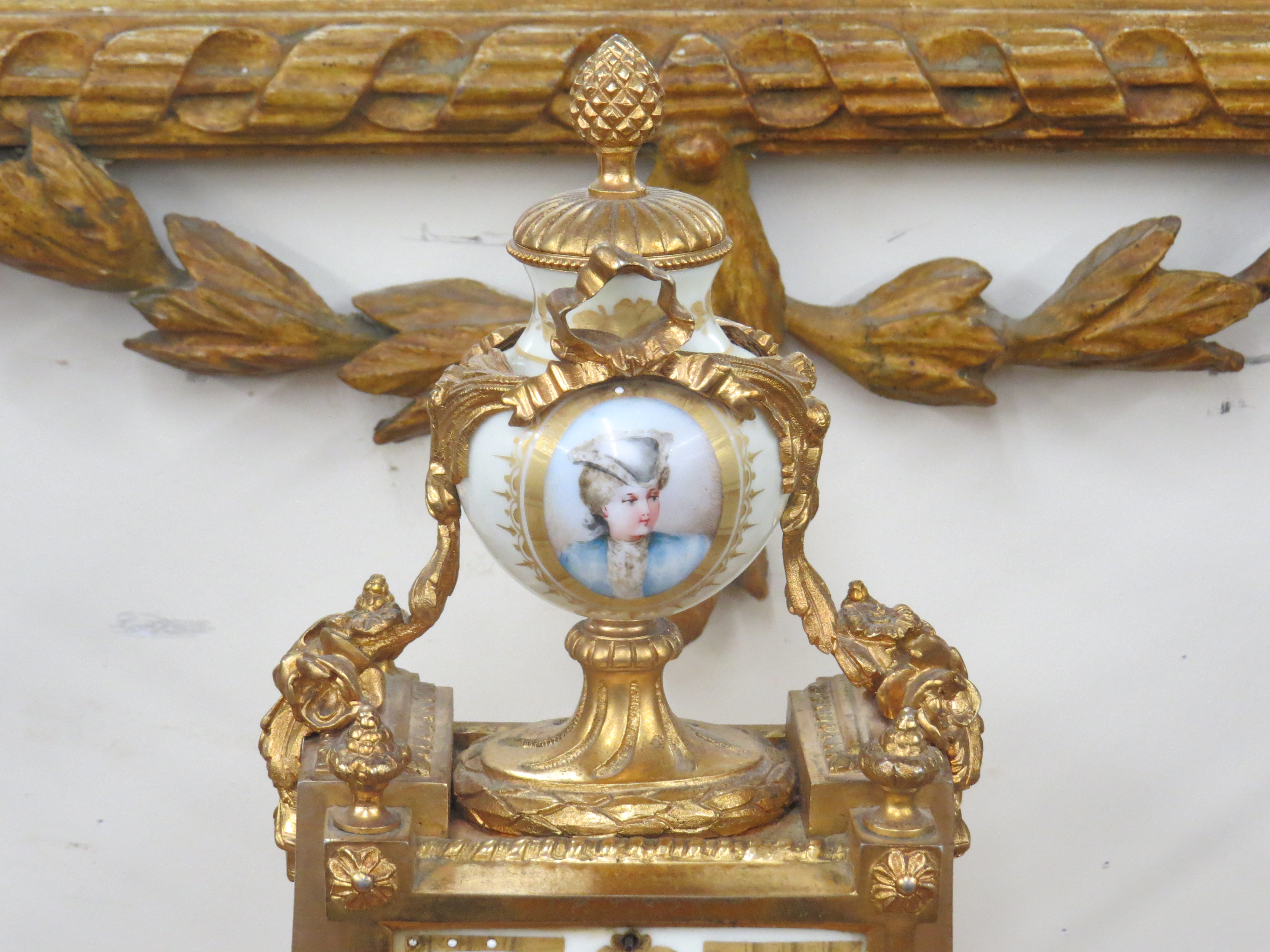 Three Piece French Louis XVI Style Bronze Dore Mantle Clock Set