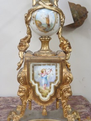 Three Piece French Louis XVI Style Bronze Dore Mantle Clock Set