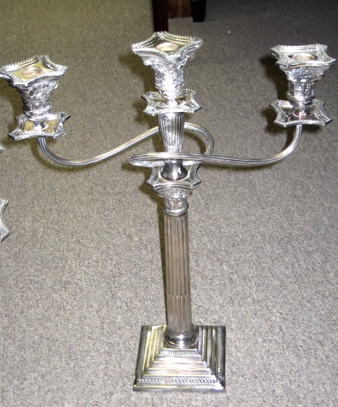 Pair Of English Three Branch Silver Plated Candelabra  (SOLD)