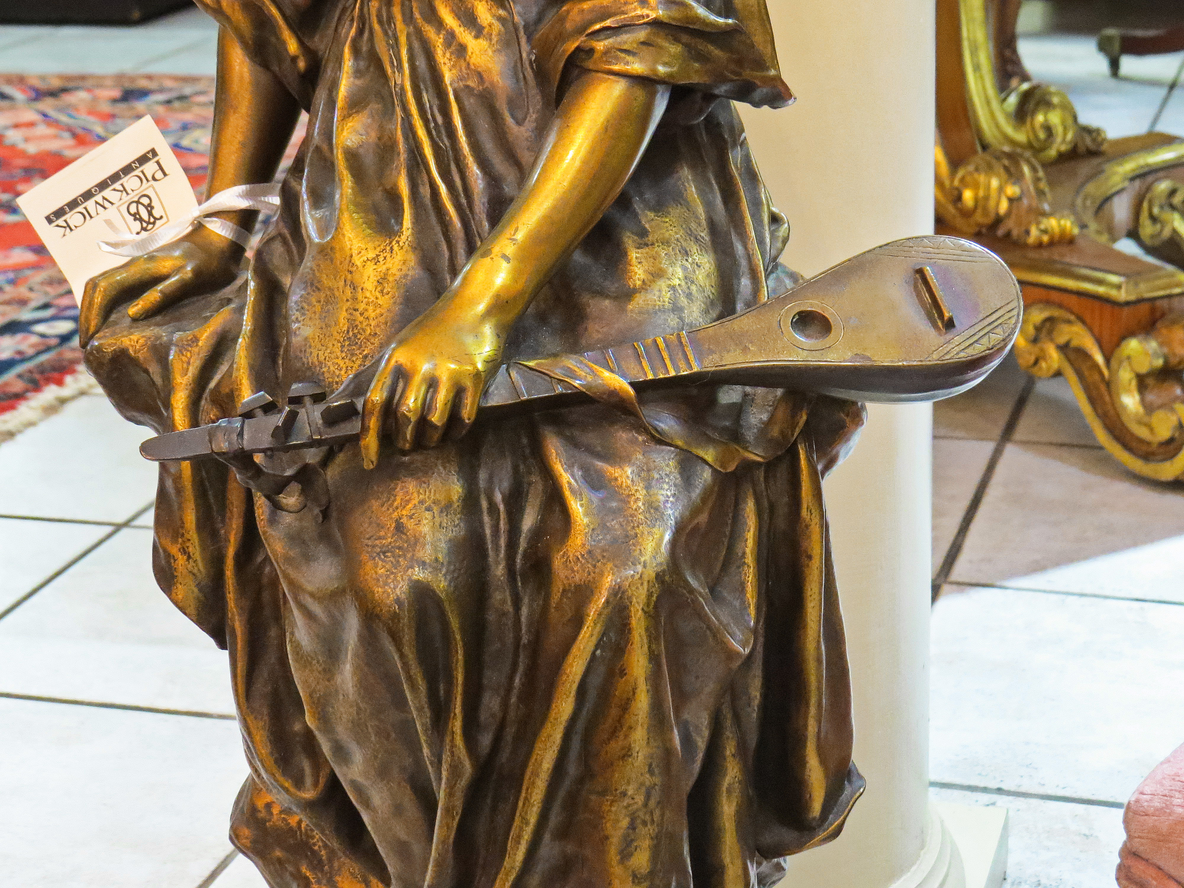 French Bronze Sculpture of a Female Mandolin Player; Signed P. Mengin