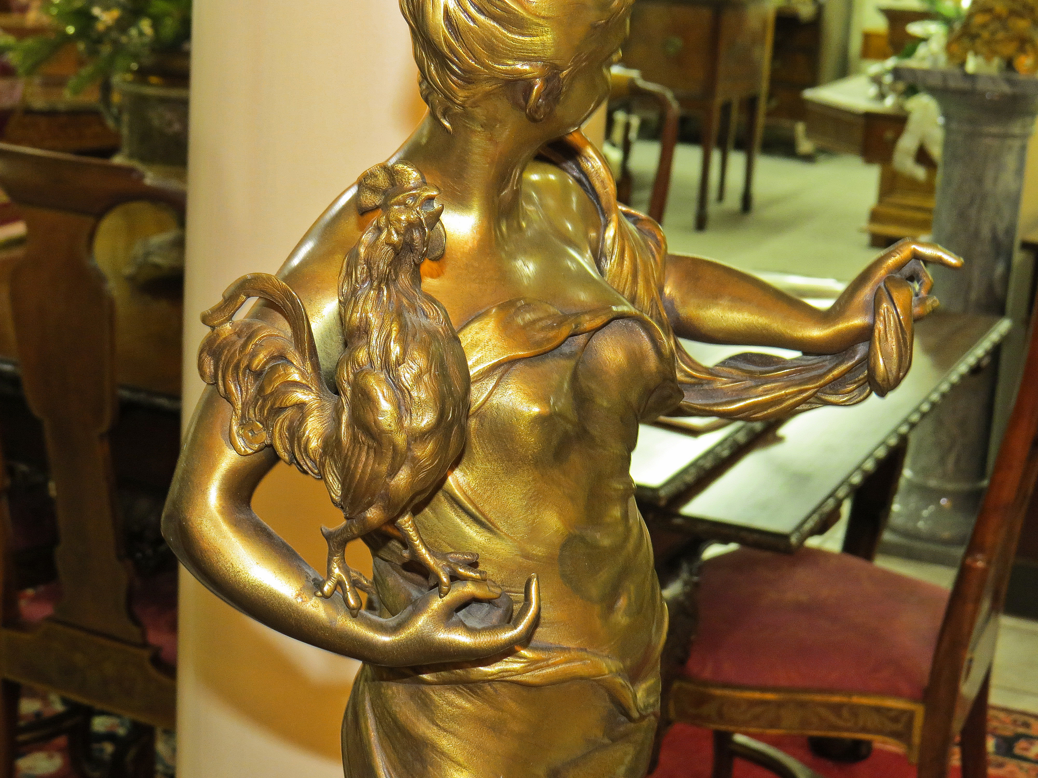 French Bronze Sculpture of a Female Figure with a Rooster; Signed A. Nelson