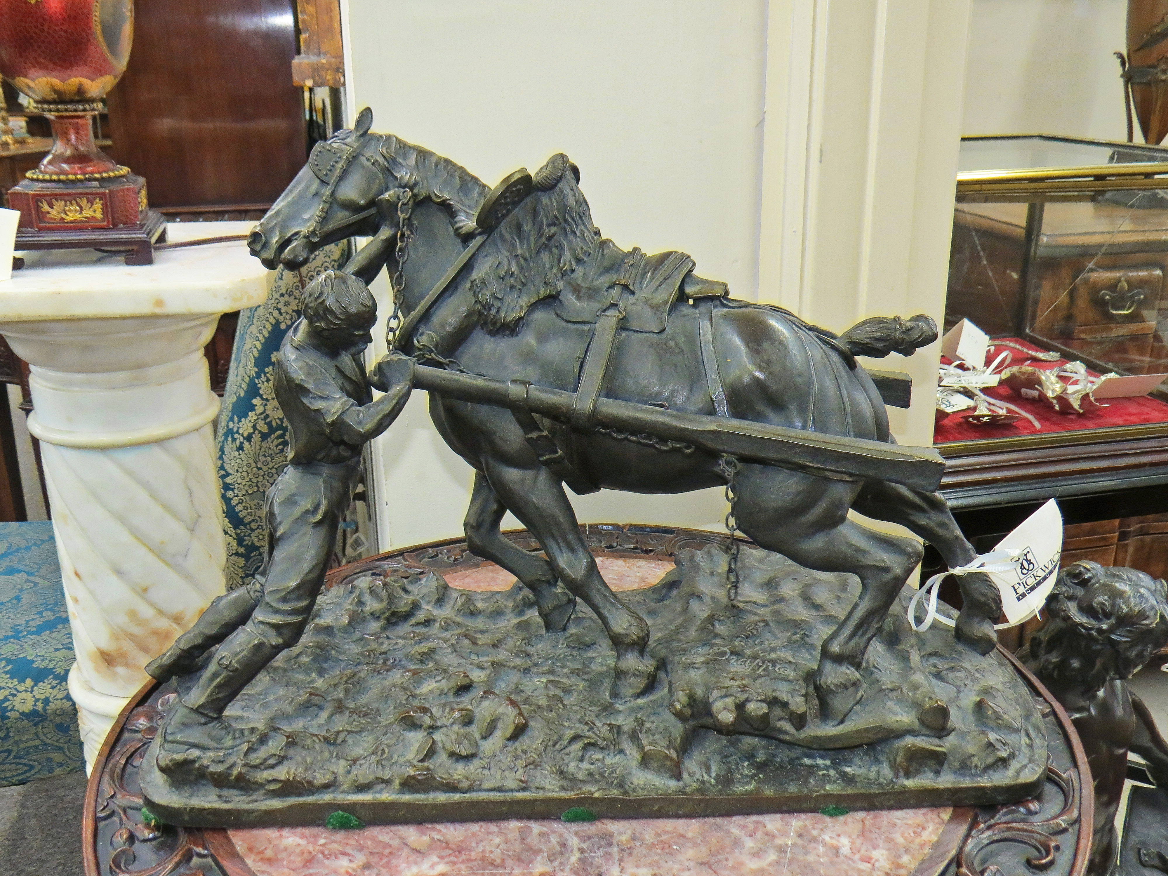 French Bronze Sculpture of a Farmer & Plough Horse; Signed E. Drappier