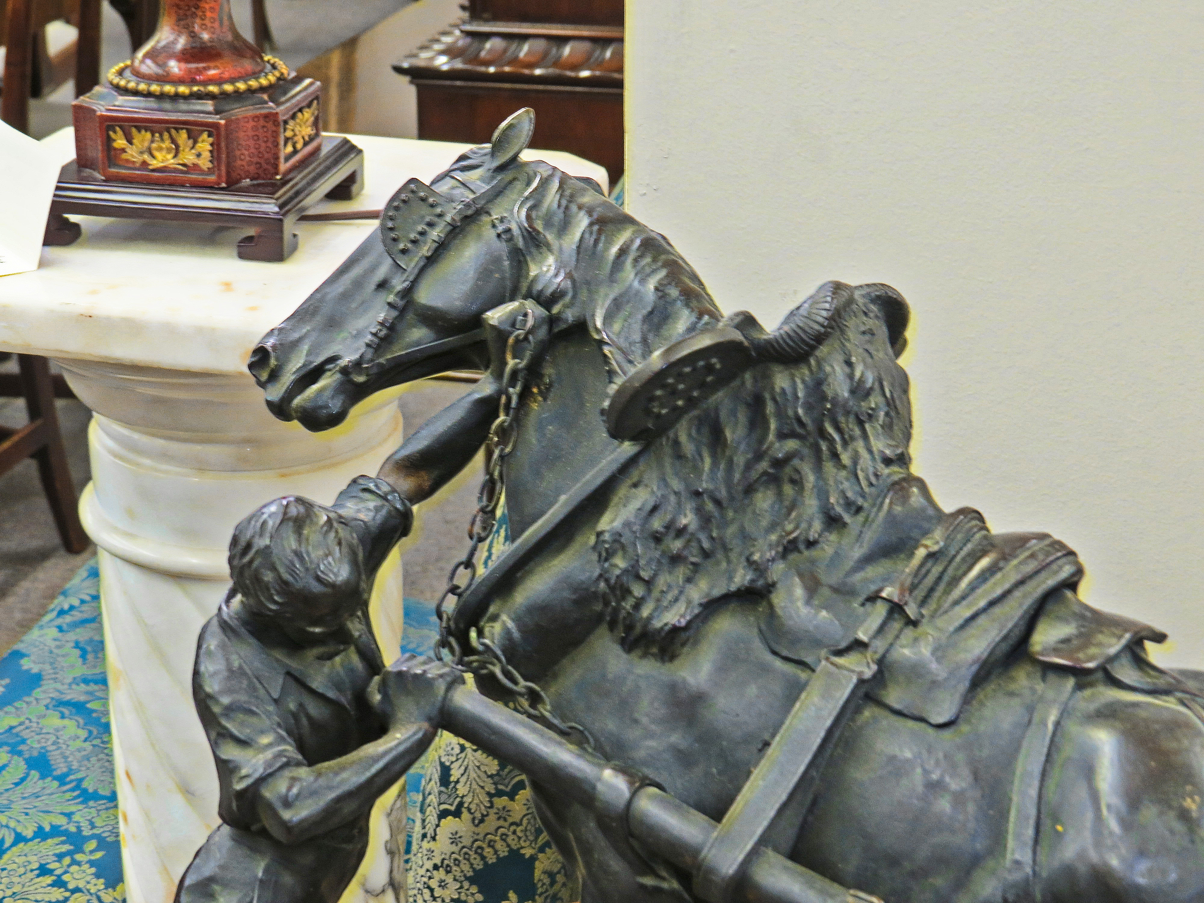 French Bronze Sculpture of a Farmer & Plough Horse; Signed E. Drappier