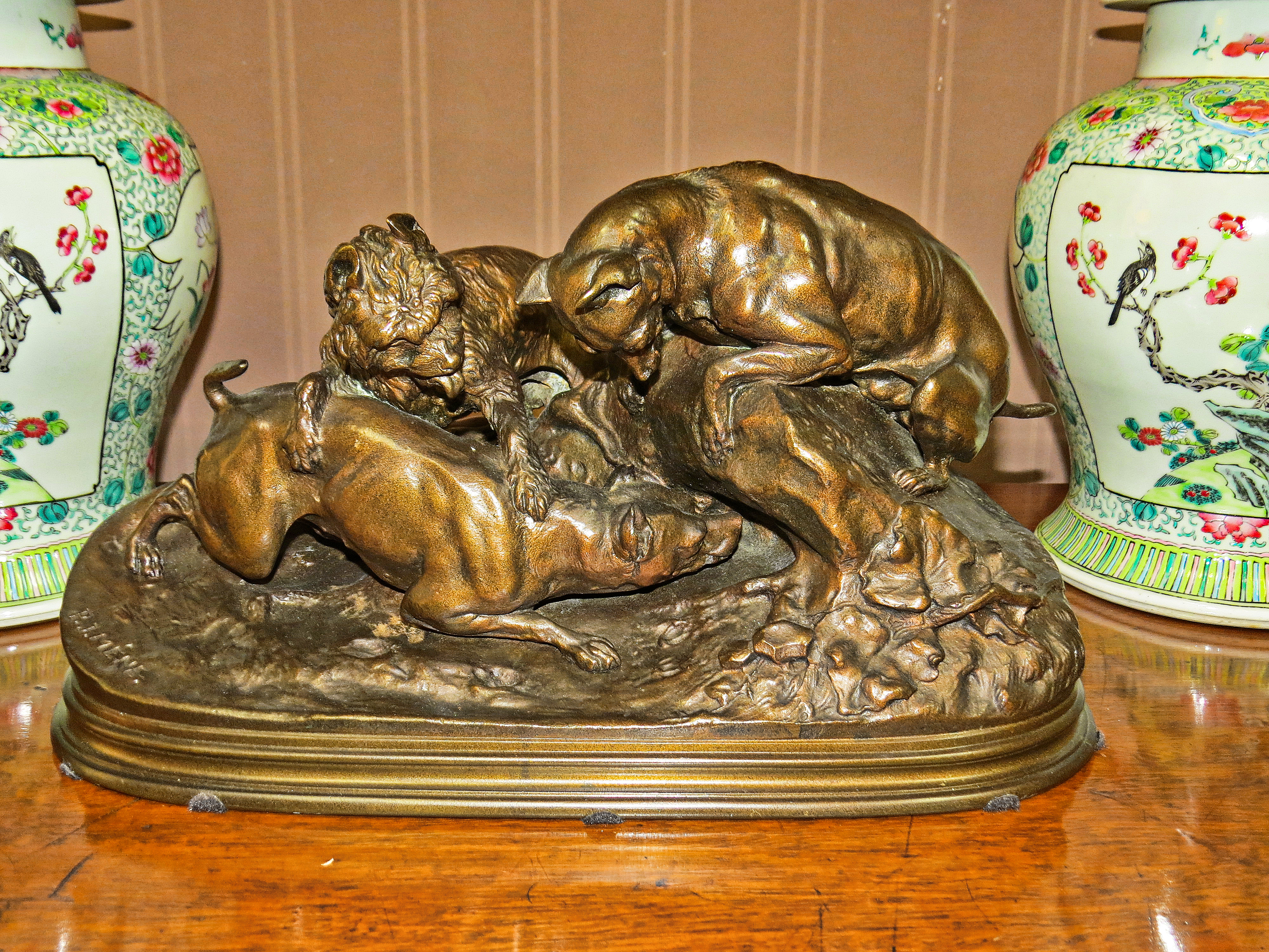 French Bronze Sculpture of Three Terriers Hunting; Signed P.J. Mene