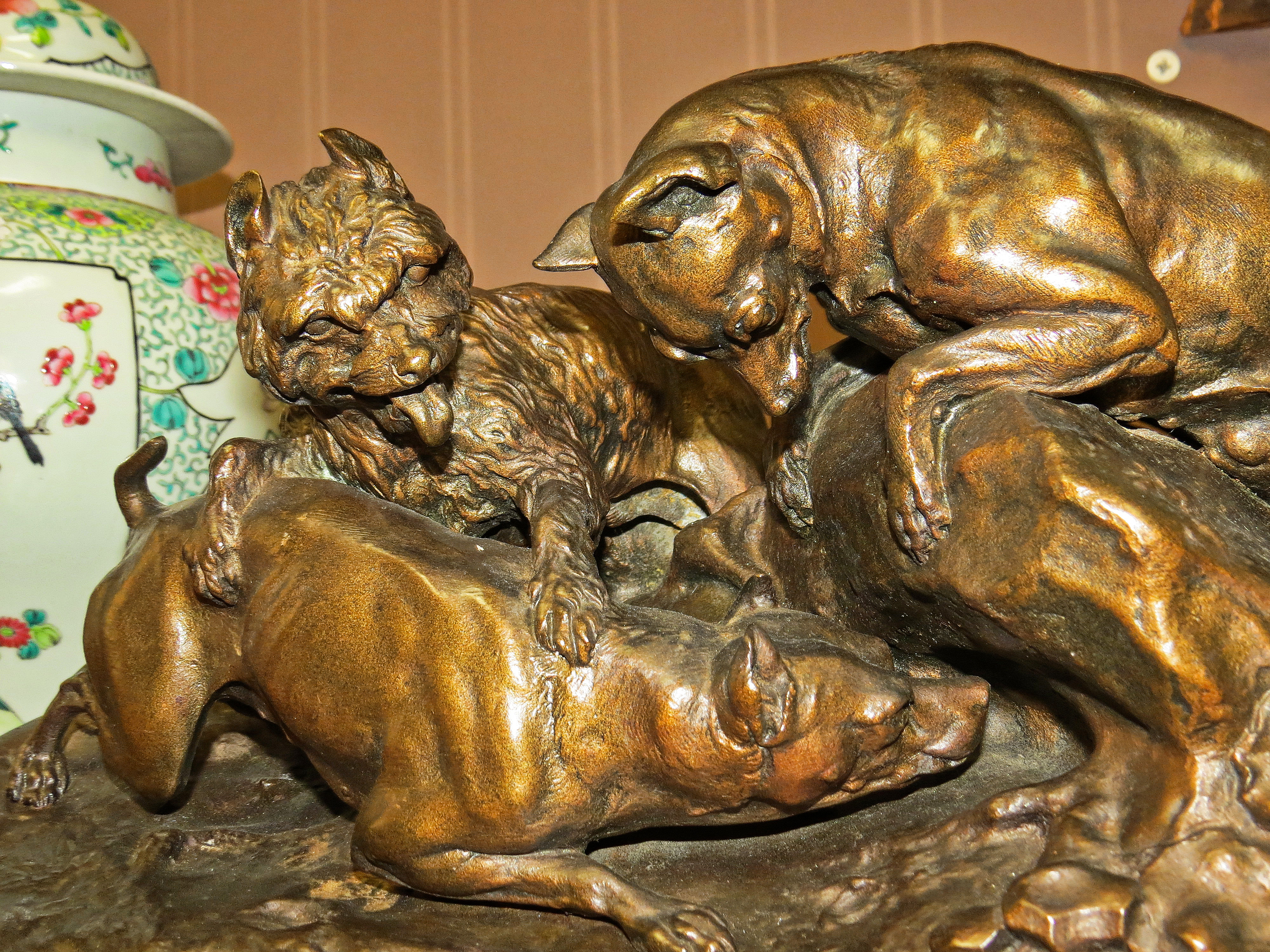 French Bronze Sculpture of Three Terriers Hunting; Signed P.J. Mene