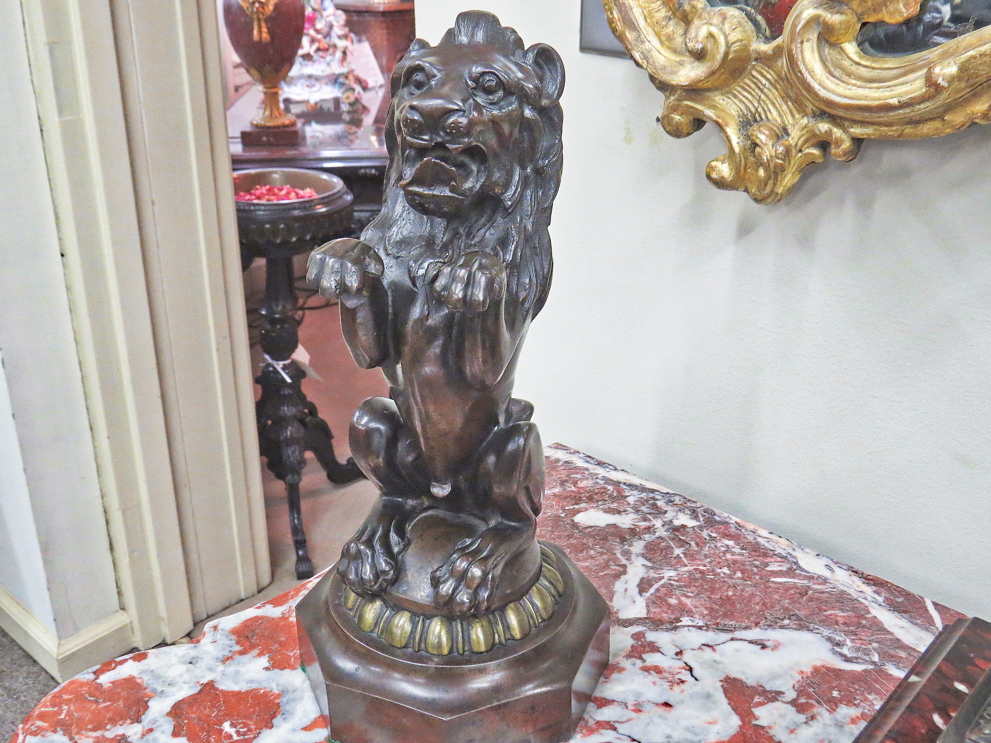 Pair of Bronze Lions; Octagon Bases