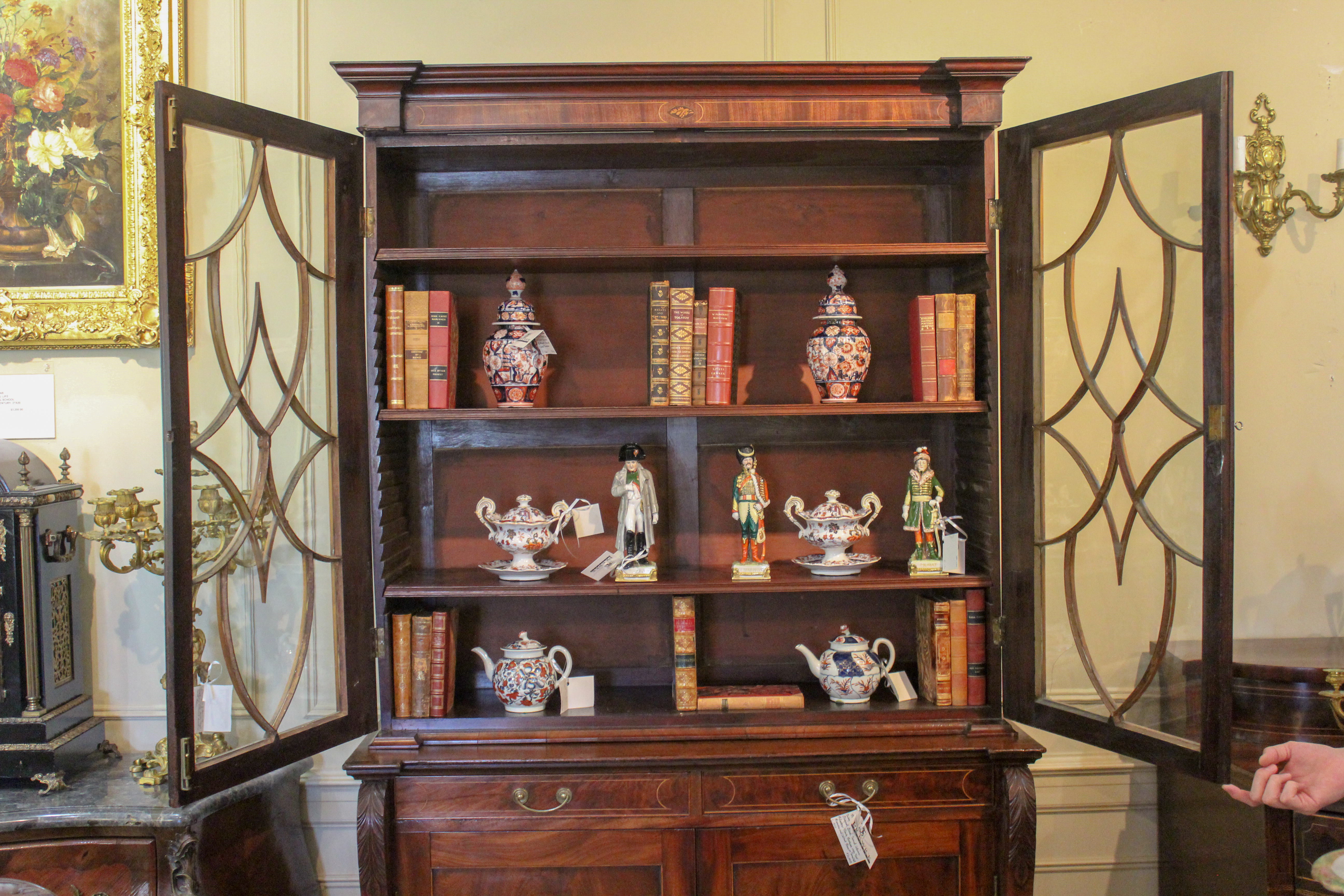 An English Mahogany Bookcase Cabinet with Satinwood Inlay