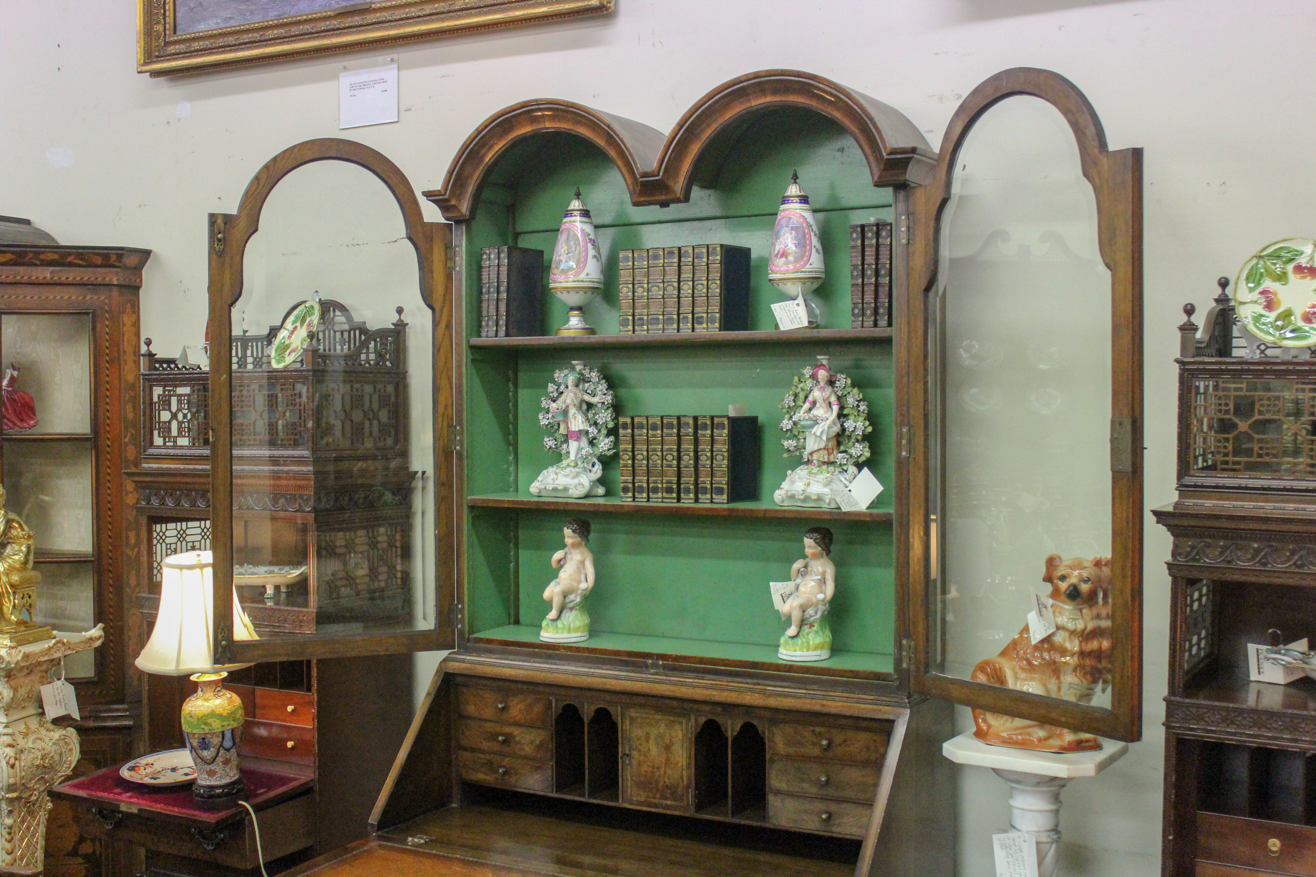 An English Queen Anne Walnut Double Bonnet Top Bureau Bookcase