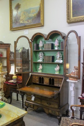 An English Queen Anne Walnut Double Bonnet Top Bureau Bookcase