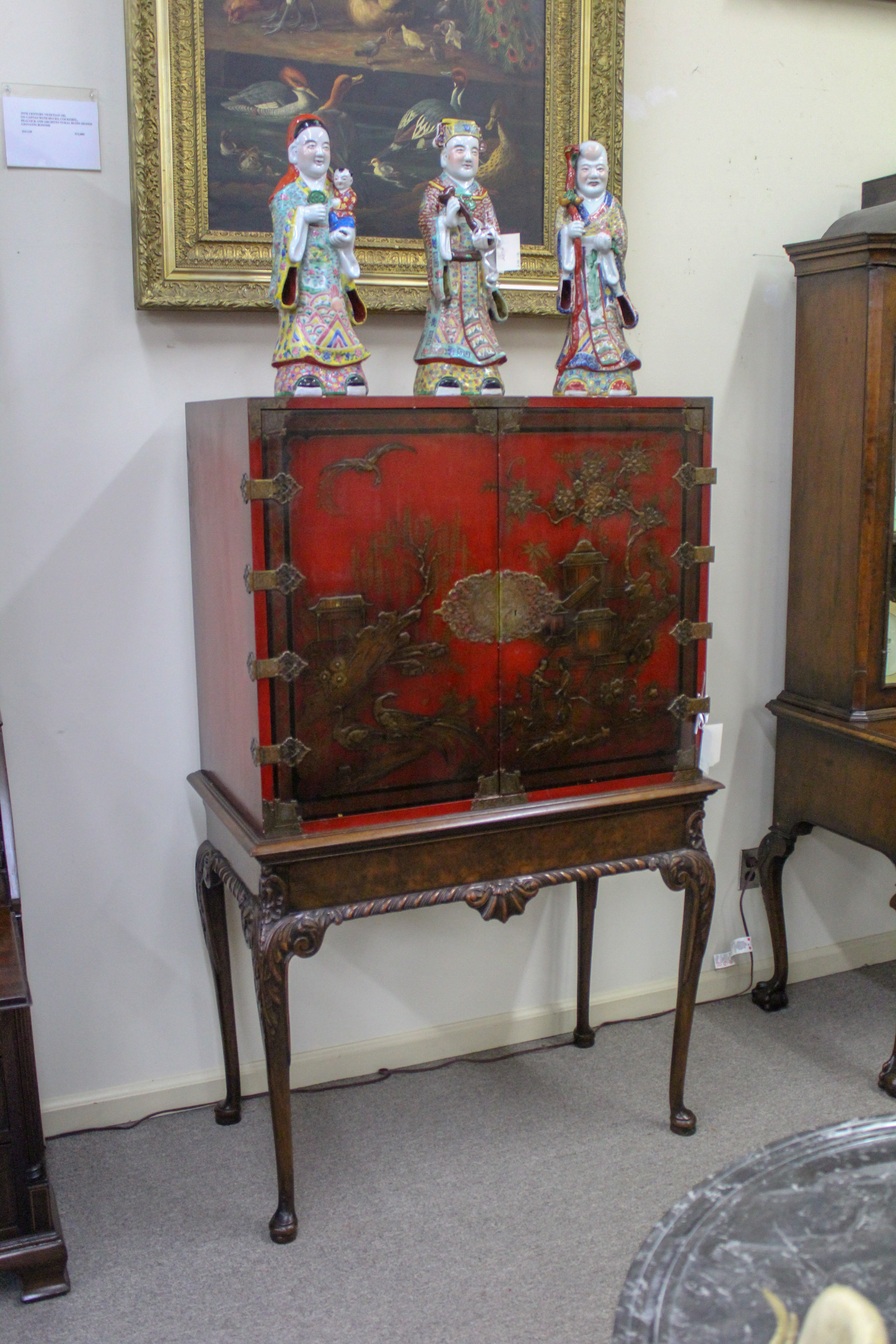 English Chinoiserie Cabinet on Mahogany & Walnut Leg Stand