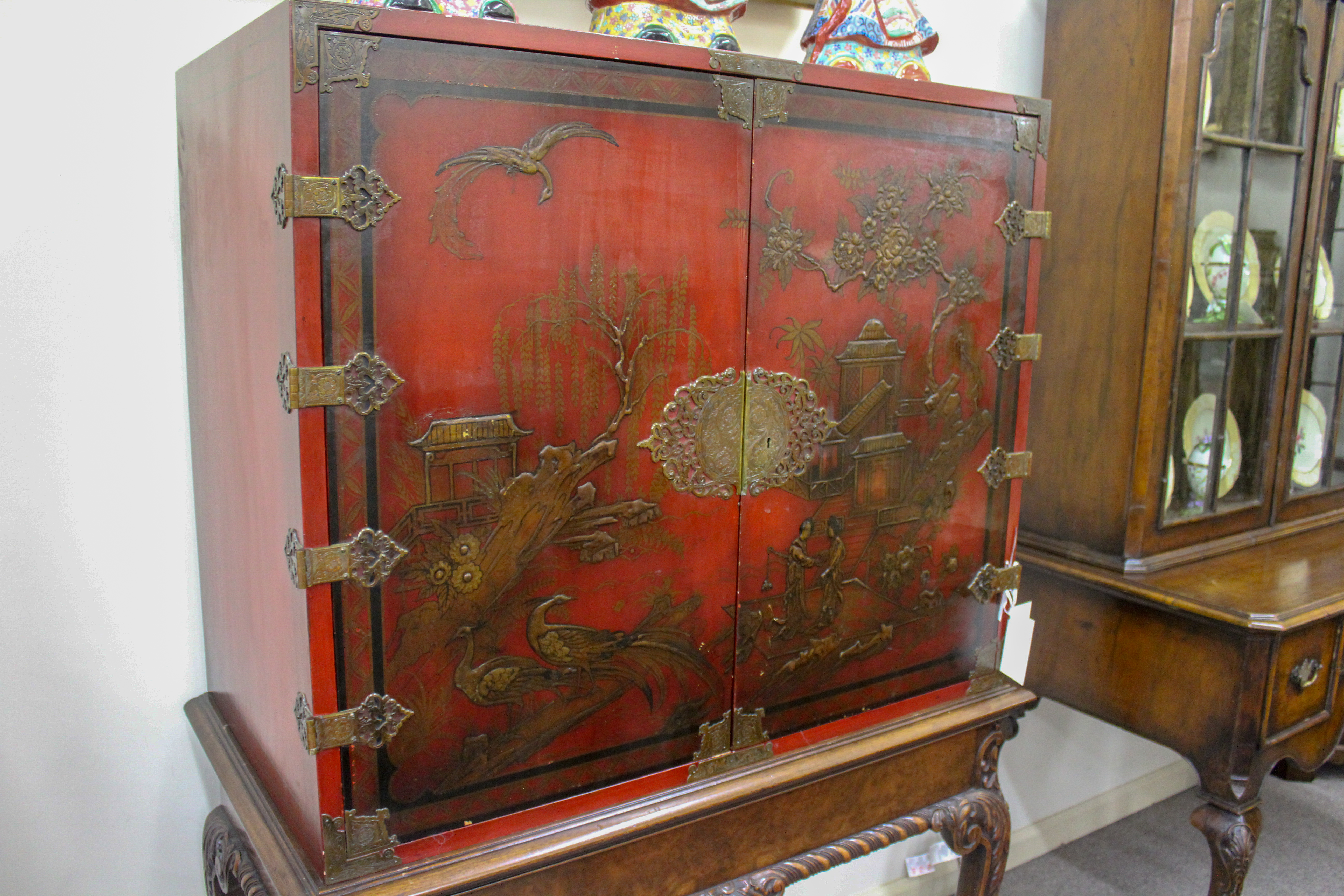 English Chinoiserie Cabinet on Mahogany & Walnut Leg Stand