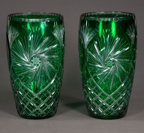Pair Of Green Overlay Vases