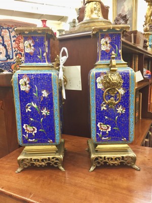 A Pair of French Cloissone & Brass Garniture Porcelain Vases