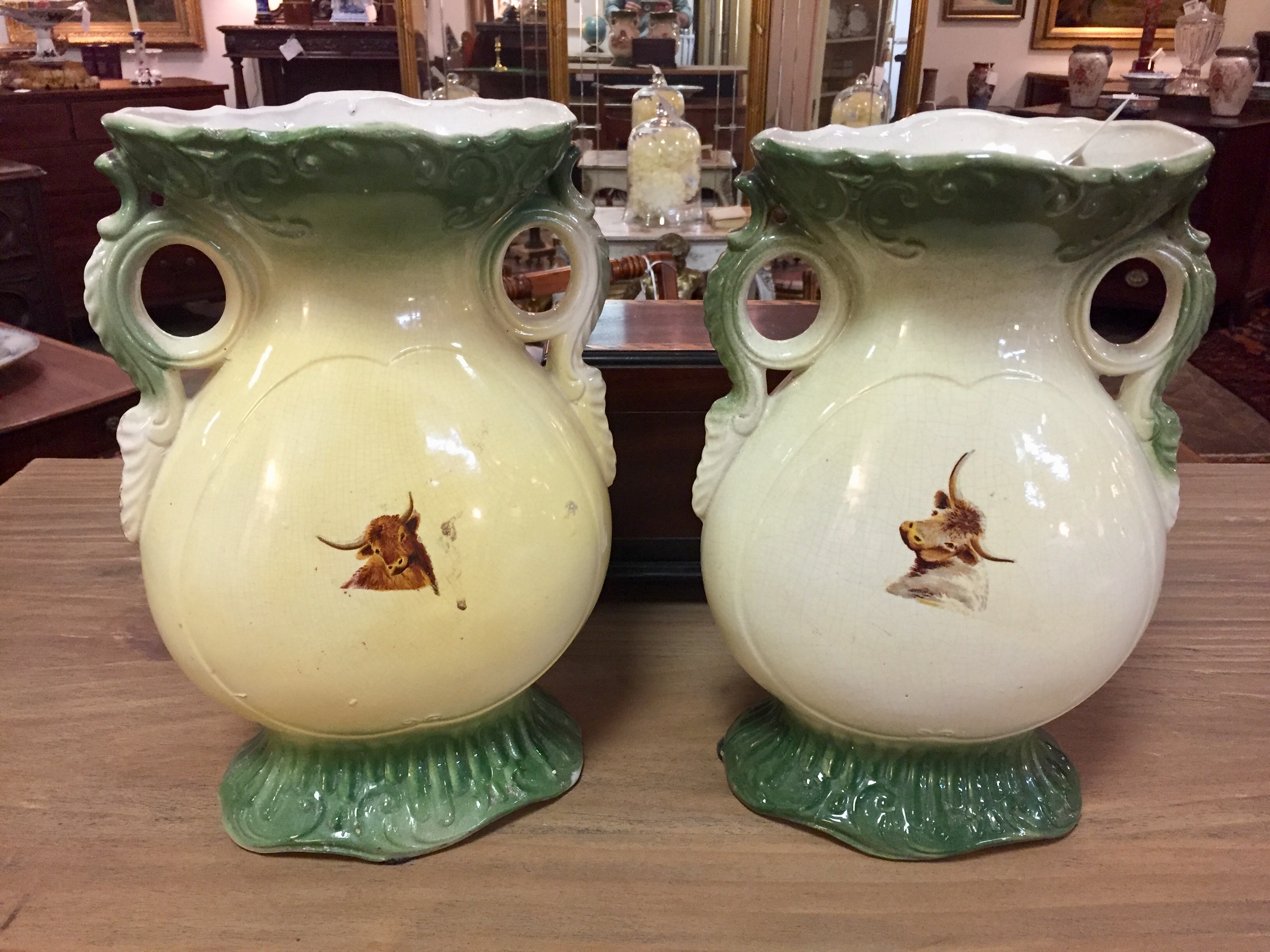 A Pair of Double Handled Porcelain Vases with Cow Decorations  (SOLD)